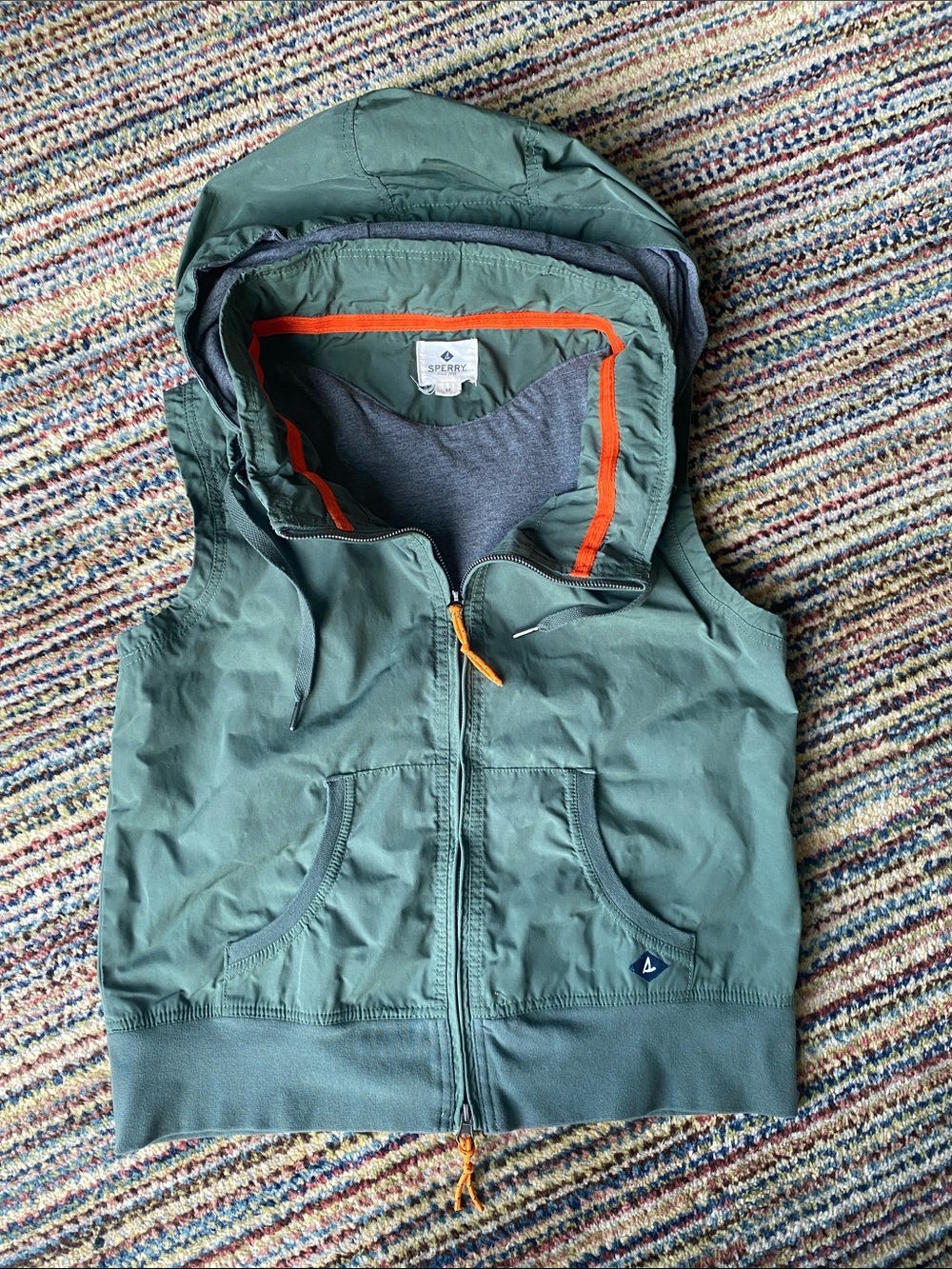 Sperry Olive Hooded Vest with Orange Trim